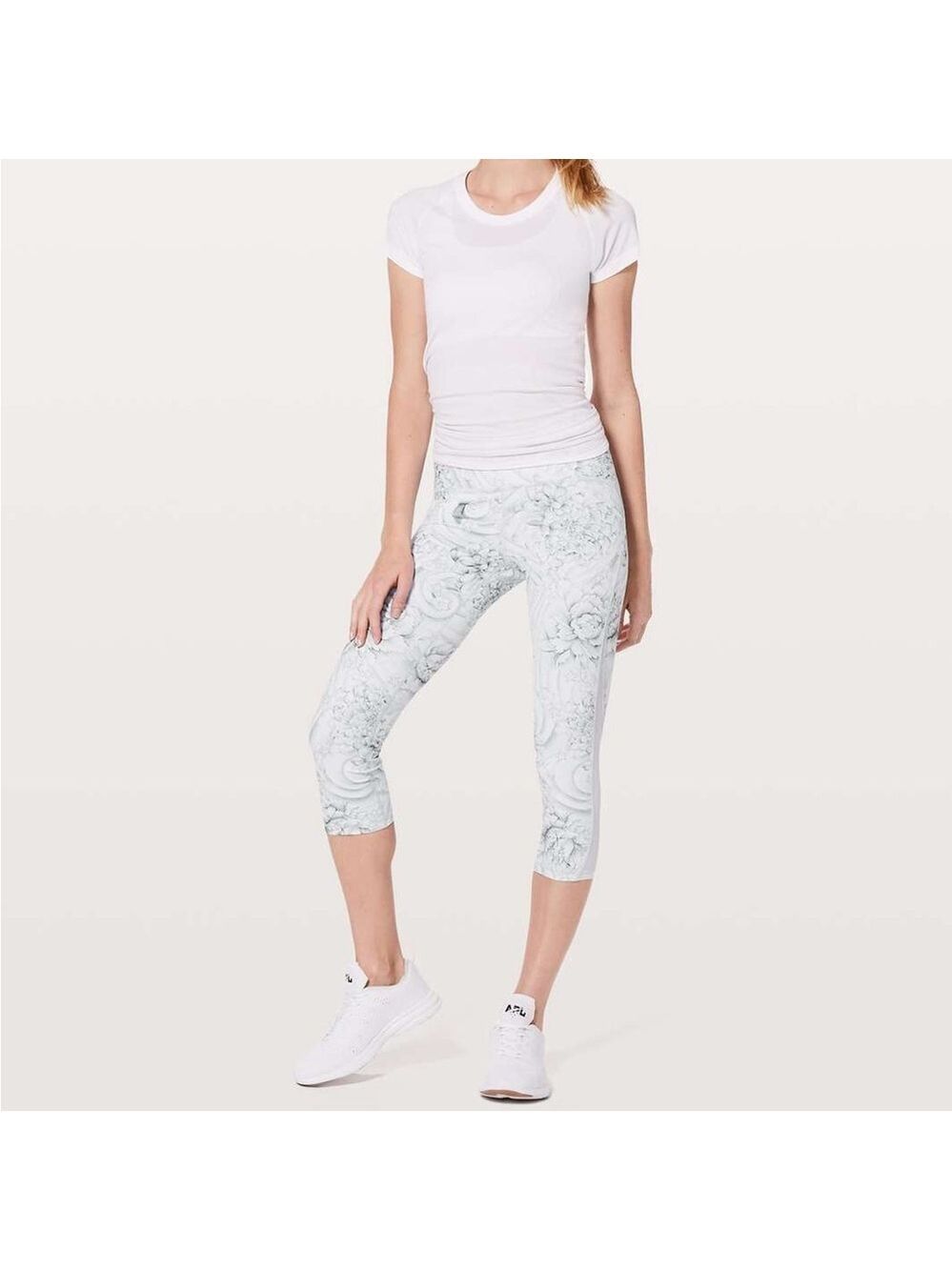 Lululemon Train Times Crop High Rise Leggings Floral Twine White Gray 6